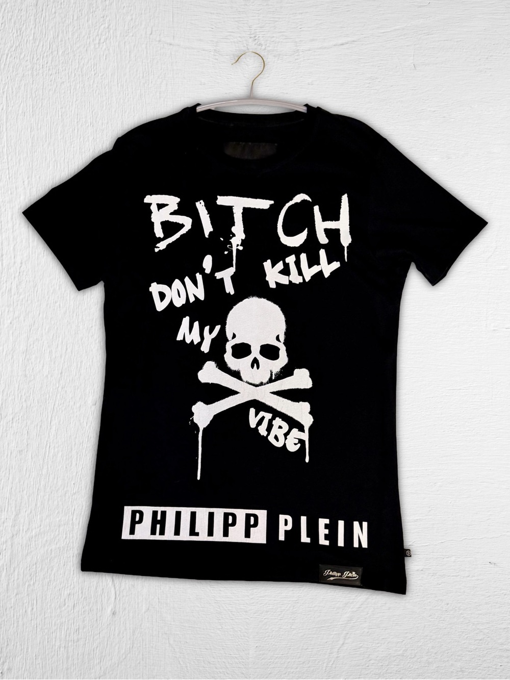 Philipp Plein Black Tee with White Skull & 'Don't Kill My Vibe' Print